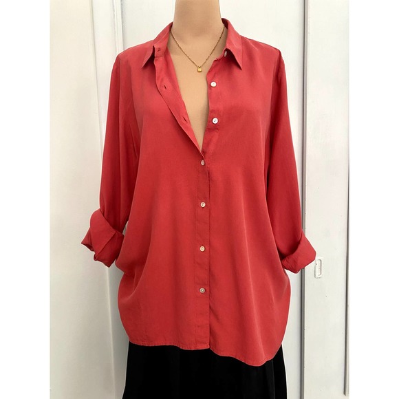 J. Jill 100% Silk Dark Coral Button Down Shirt Large - Picture 2 of 10